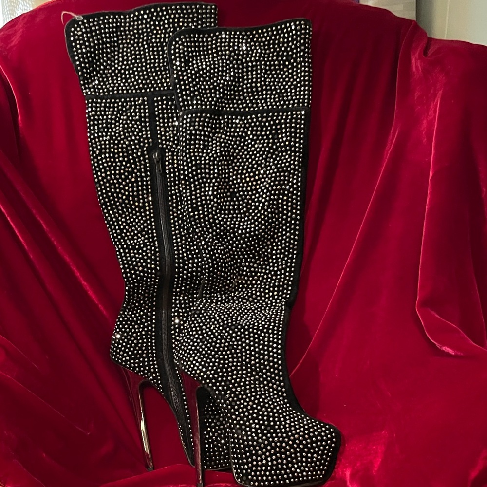 Black Rhinestone Knee-High Boots w/5” Silver Metallic Stiletto  Heels